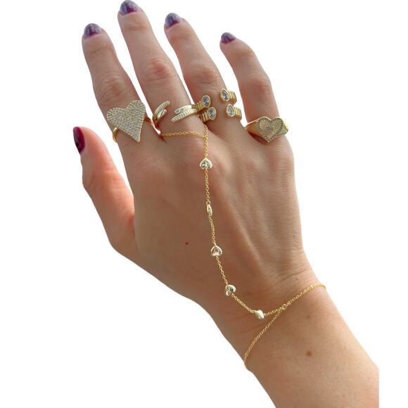 Puff Heart Hand chain Adjustable Bracelet with Ring in Gold tone - Picture 2 of 2